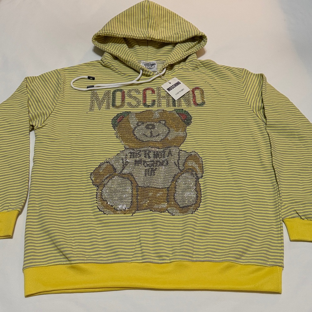 Moschino Yellow Striped Hoodie with Sequined Bear Motif size M/L NWT